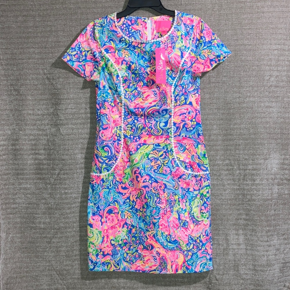 Lilly Pulitzer Pink Blue Dress Pop up Go Animals Coralyn Shift Women’s 4 New
